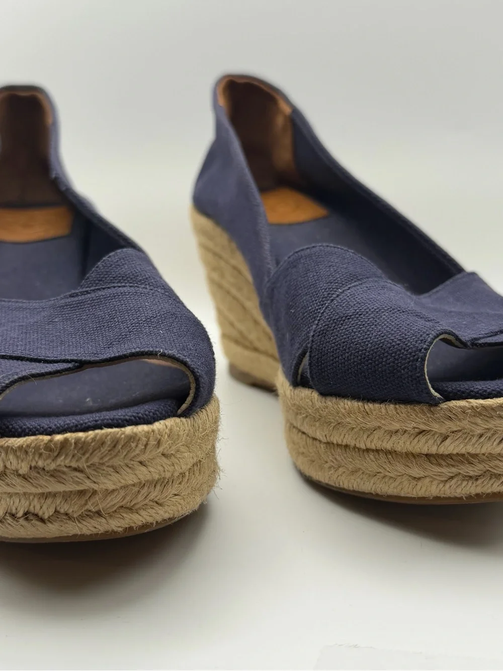 Tory Burch Navy Canvas Espadrille Wedge Peep Toe Heels Women’s 8 Coastal Preppy